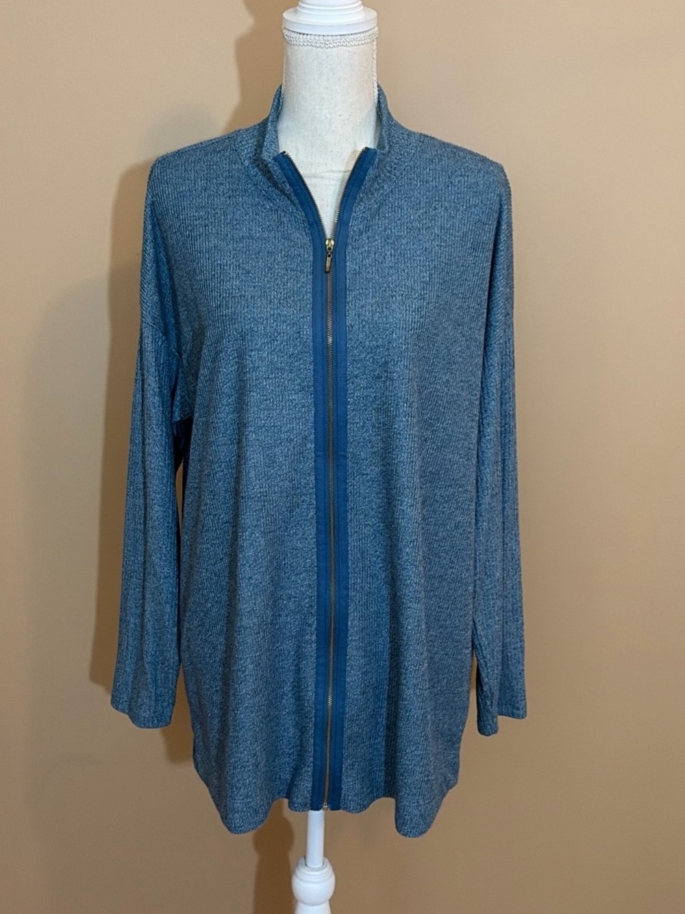 Soft Surroundings XL Blue Ribbed Knit Full Zip Cardigan Sweater